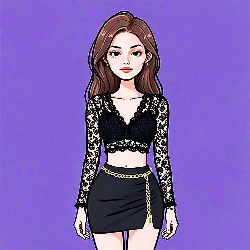 Stylish Woman Wearing Black Lace Crop Top and Skirt with Gold Chain Belt Illustration
