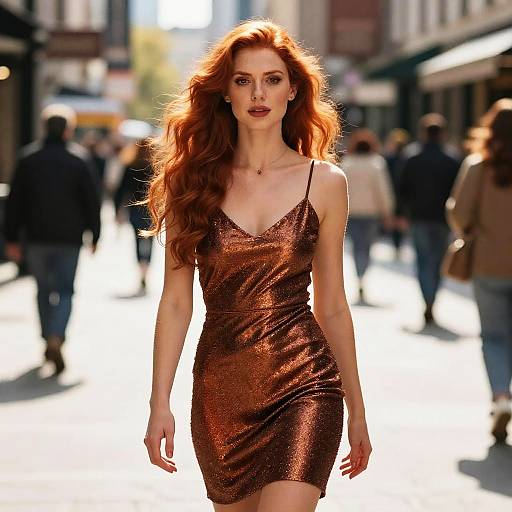 Confident Redhead Woman in Bronze Sparkle Dress Walking in City - Gen Z Style