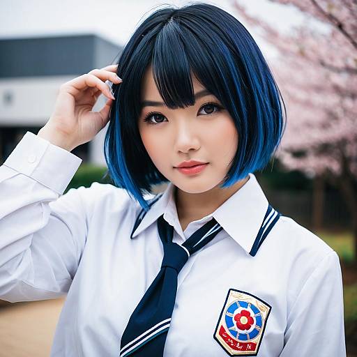 Young Woman in Japanese School Uniform with Blue Hair by Cherry Blossoms