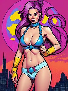 Confident Woman in Futuristic Outfit with Neon Cityscape