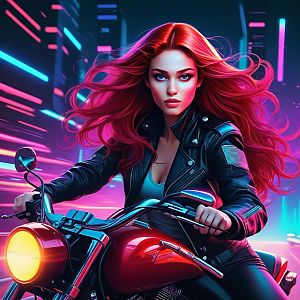 Red-Haired Woman on Motorcycle in Neon City