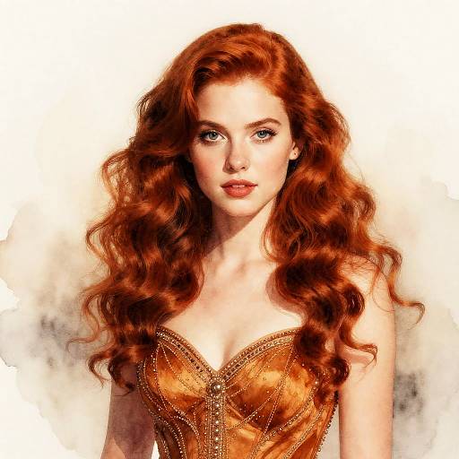 Portrait of Young Woman with Red Curly Hair in Bronze Corset Art