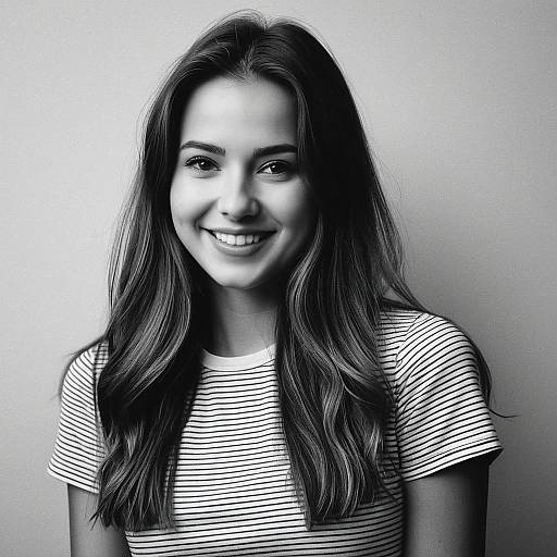 Black and White Portrait of Smiling Woman in Striped T-Shirt