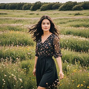Young Woman in Floral Blouse in Wildflower Meadow