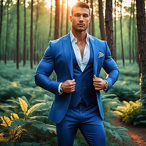Confident Man in Blue Suit in Serene Forest