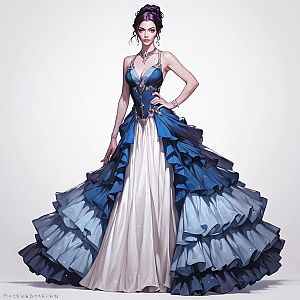 Confident Woman in Elegant Blue and White Ball Gown