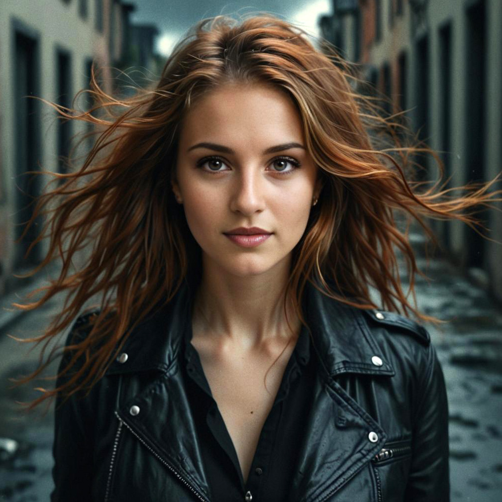 Young Woman in Leather Jacket in Urban Alley