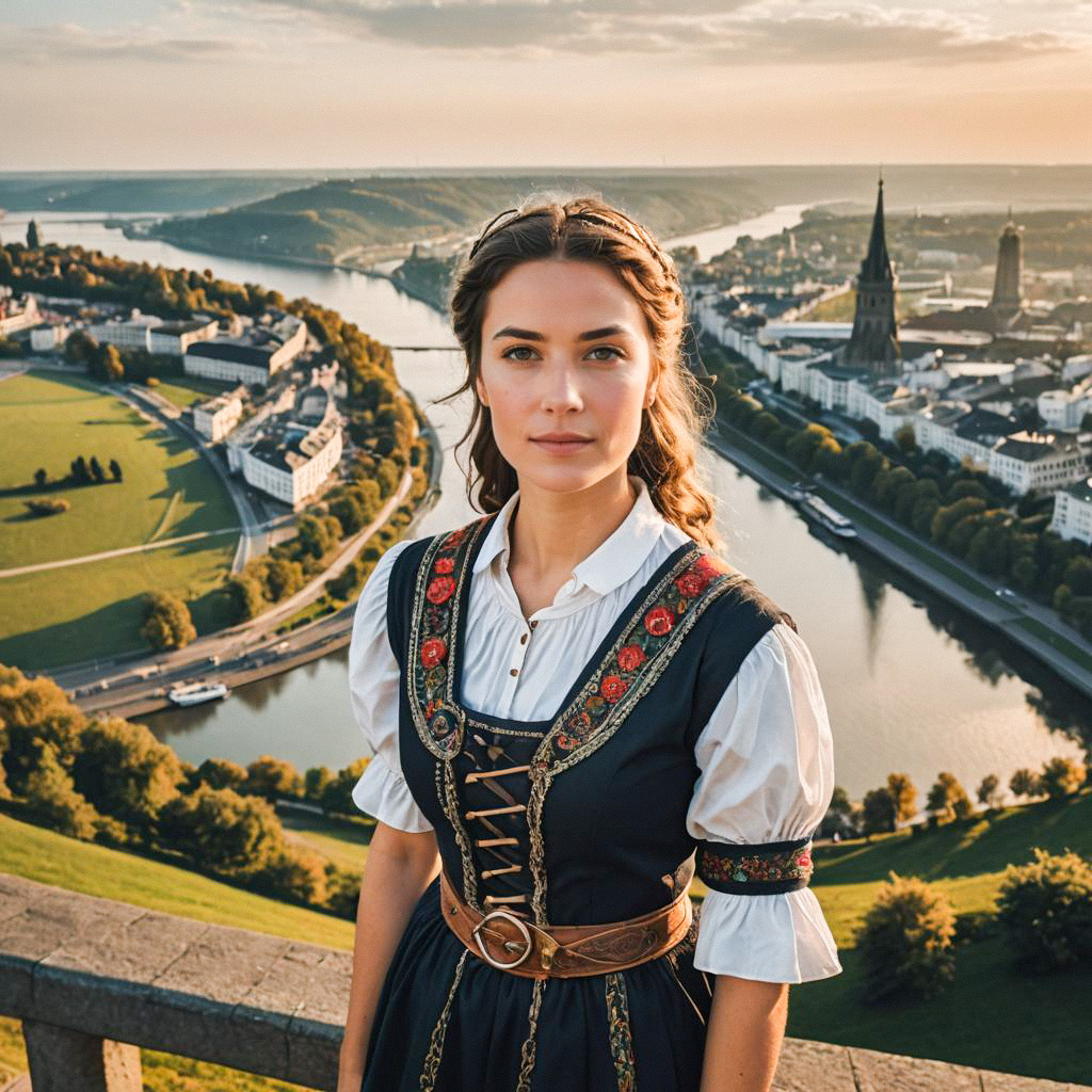 Elegant Woman in Traditional Dress Overlooking Serene Landscape Elegant Woman in Traditional Dress Overlooking Serene Landscape
