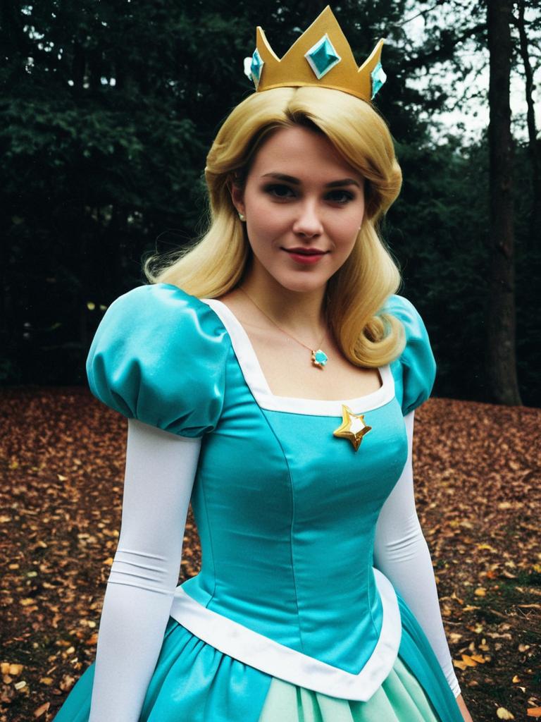 Woman in Authentic Princess Rosalina Costume with Turquoise Gown and Golden Crown Outdoors