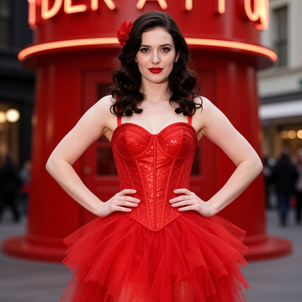 Confident Woman in Red Sequined Corset Dress with Vintage Style