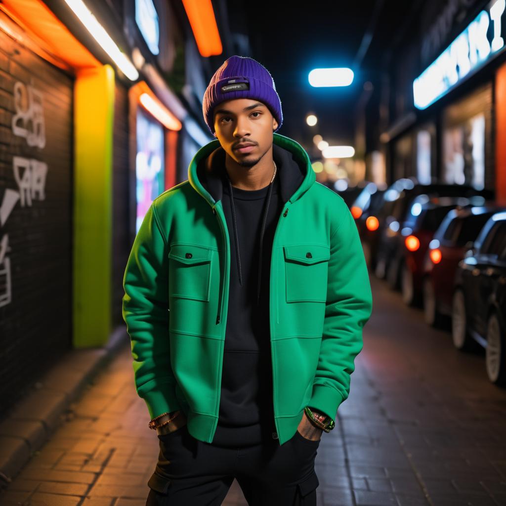 Confident Young Man in Green Hoodie and Purple Beanie