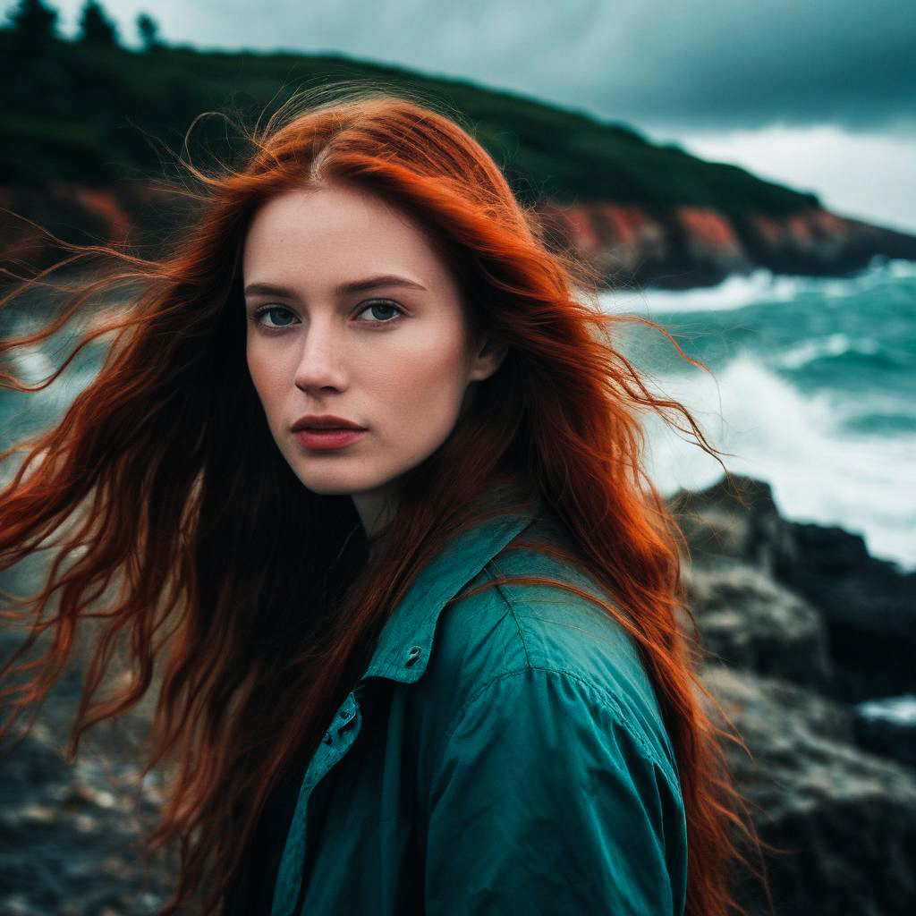 Woman with Red Hair by Rocky Coastline