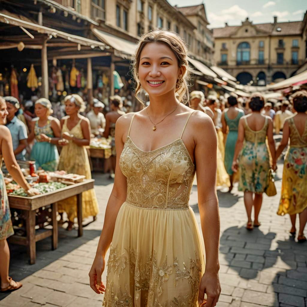 Cheerful Woman in Golden Dress at Outdoor Market