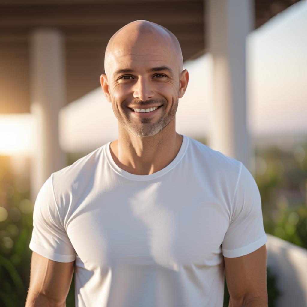 Confident man smiling outdoors in a white t-shirt