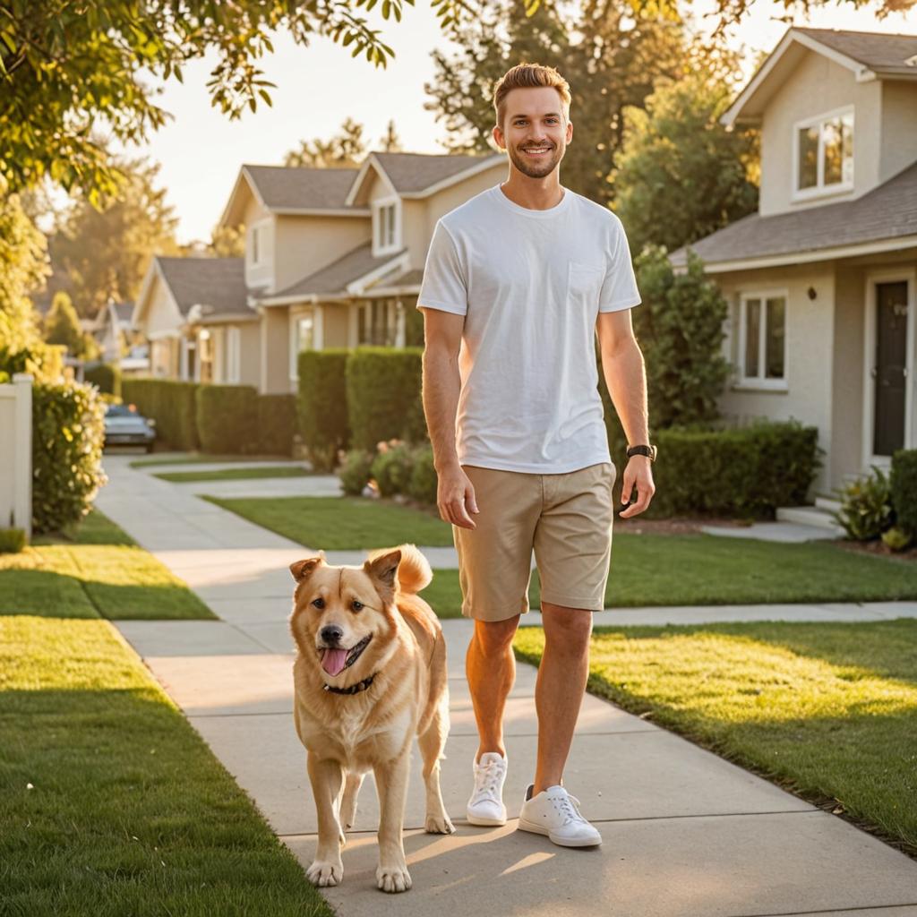 Man Strolling with Dog in Suburban Neighborhood