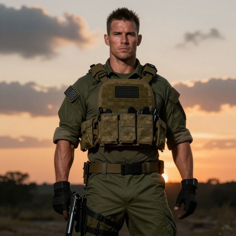 Man in Tactical Military Gear Holding Pistol at Sunset