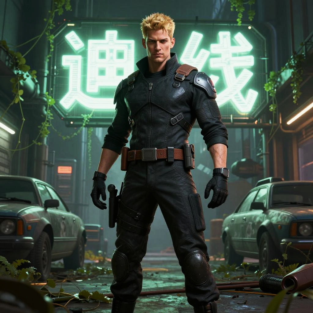 Cyberpunk Tactical Man Standing in Neon-Lit Urban Alley