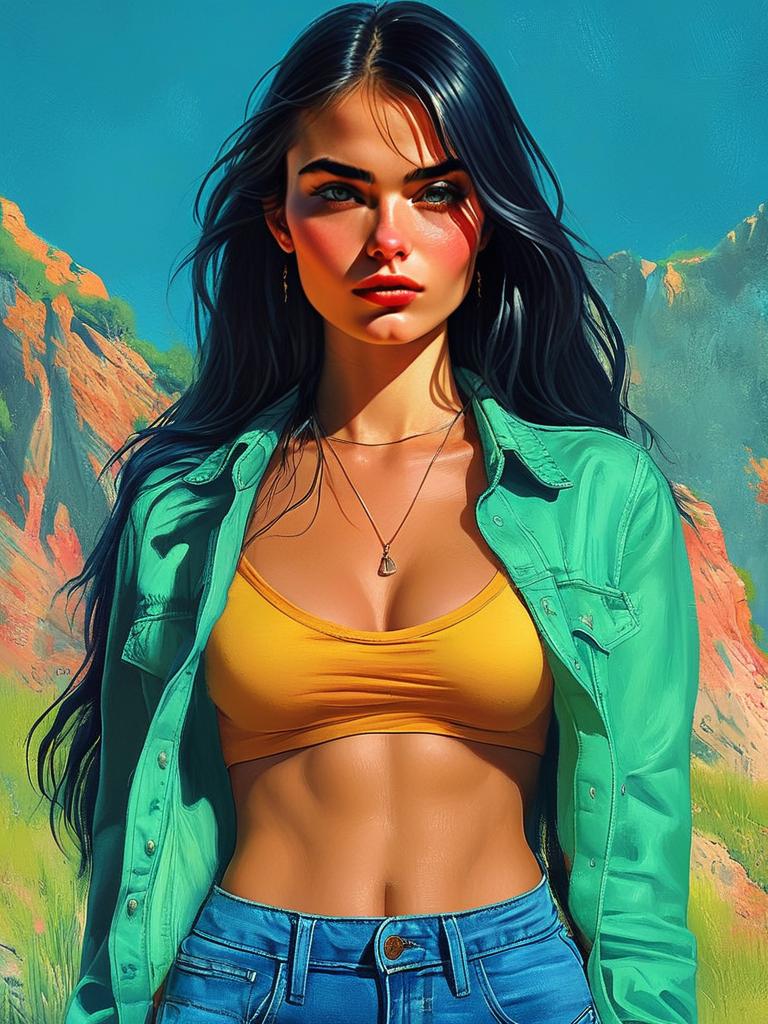 Confident Woman in Vibrant Jacket Against Colorful Mountains