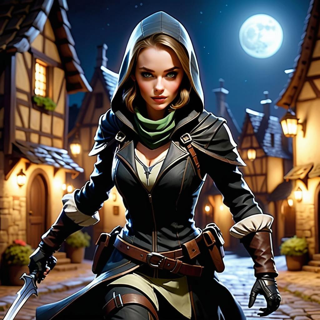 Medieval Rogue with Dagger in Moonlit Village