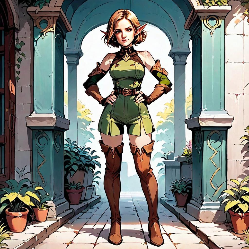 Fantasy Elf Woman in Green Tunic Standing in Garden Archway - Comic Style Artwork