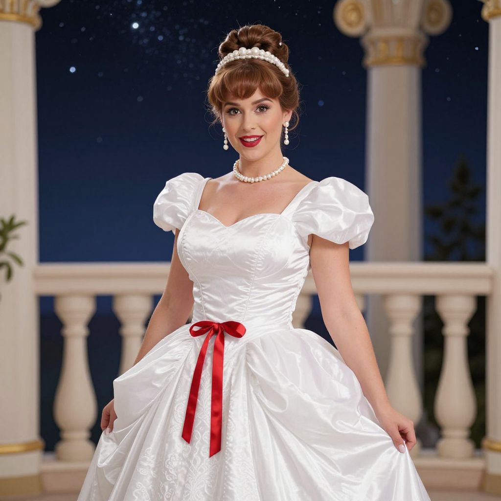 Elegant Woman in White Satin Ball Gown with Red Ribbon and Pearl Accessories