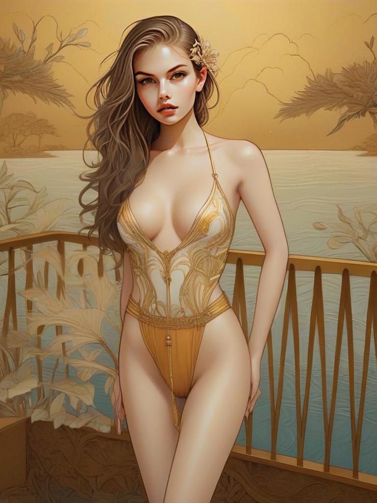 Woman in Golden Bodysuit Overlooking Serene Water Scene Woman in Golden Bodysuit Overlooking Serene Water Scene