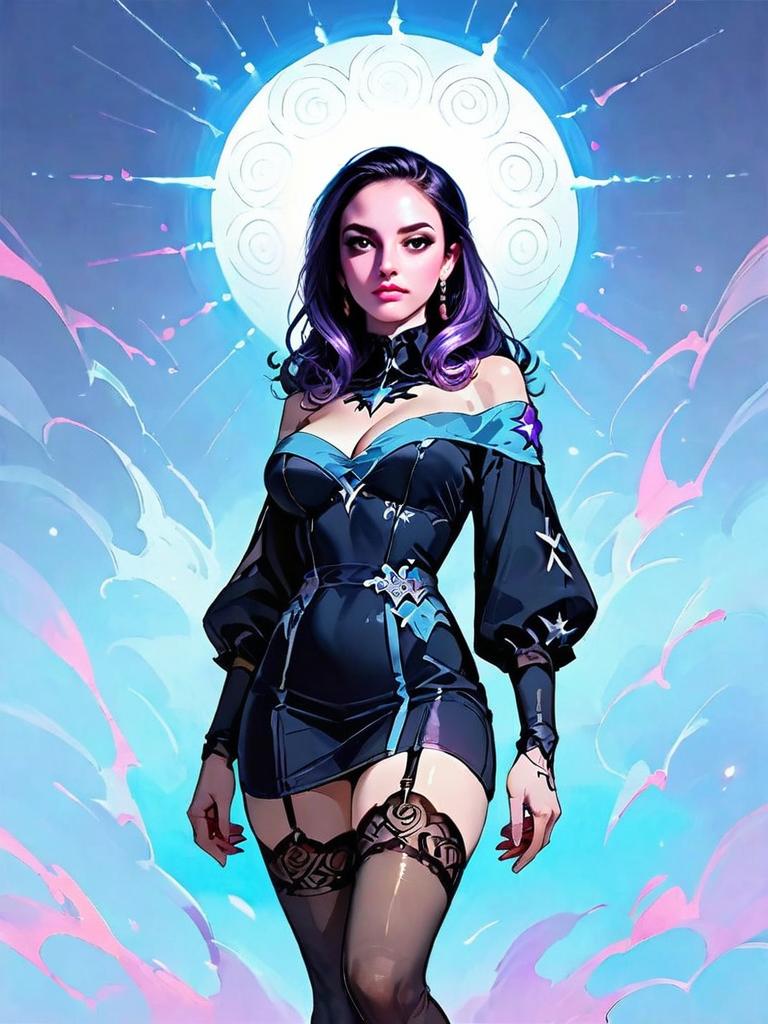 Dark Fantasy Nighttime Portrait of Woman in Magical Outfit with Big Boobs