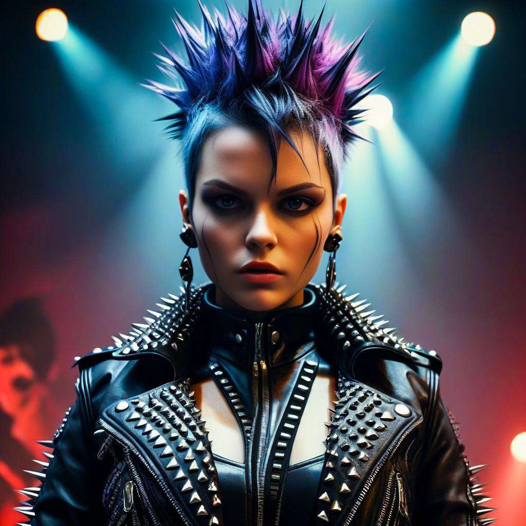 Edgy Woman with Spiked Blue-Purple Hair in Leather Jacket