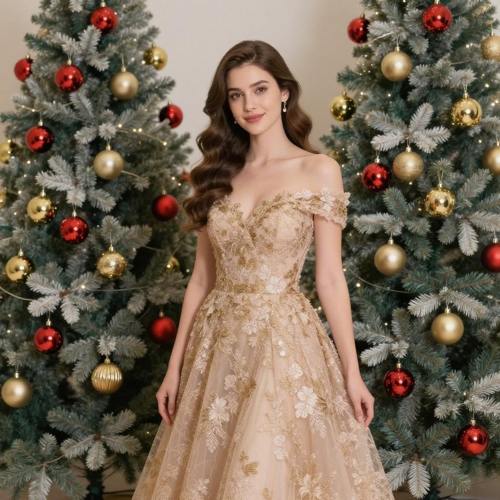 Elegant Woman in Gold Embroidered Gown Beside Festive Christmas Trees