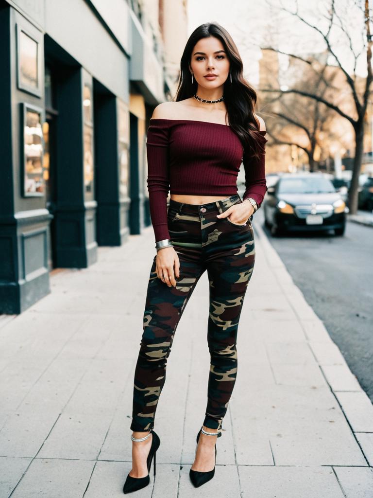 Edgy Woman Wearing Burgundy Off-the-Shoulder Top and Camouflage Pants in Urban Street Style