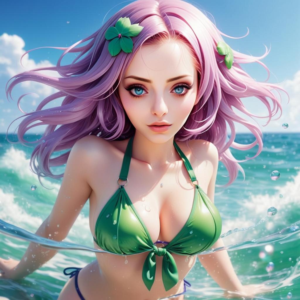 Anime Style Portrait of Pink-Haired Woman in Green Bikini at Ocean