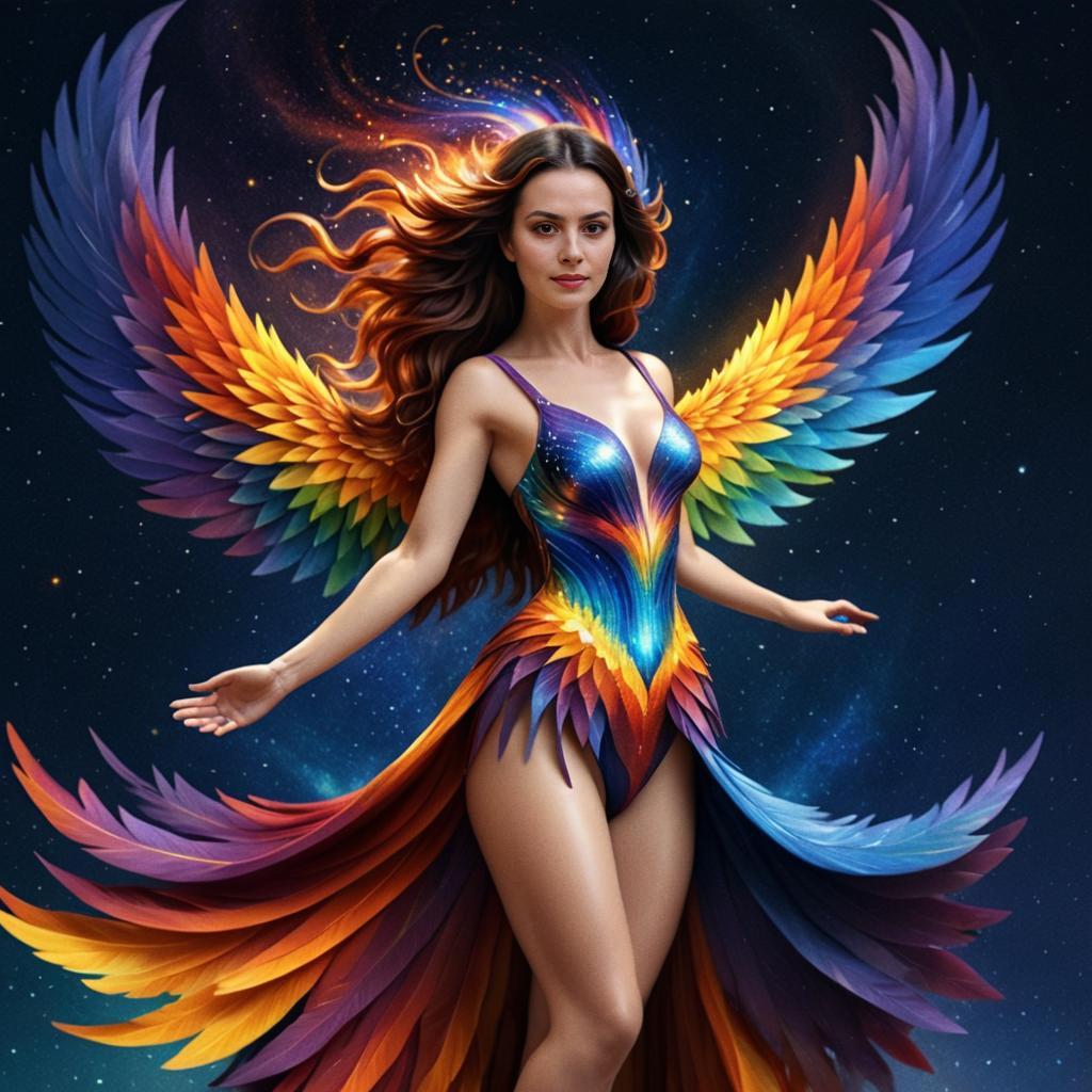 Woman in Feather Bodysuit Symbolizing Rebirth