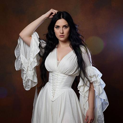 Elegant Woman in White Vintage Corset Dress with Ruffled Sleeves