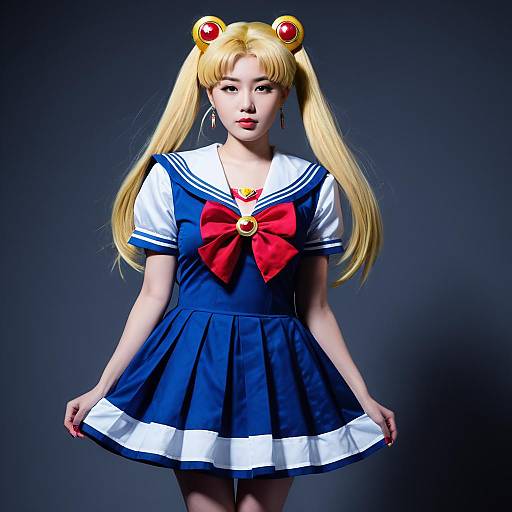 Realistic Sailor Moon Cosplay Woman in Blue Sailor School Uniform