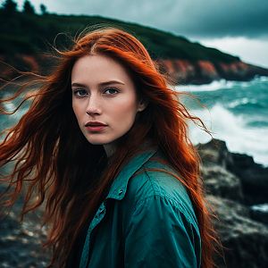 Woman with Red Hair by Rocky Coastline