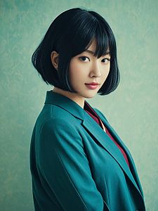 Portrait of Woman with Black Bob Haircut in Teal Jacket