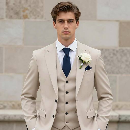 Young Man in Beige Three-Piece Suit with White Rose Boutonniere