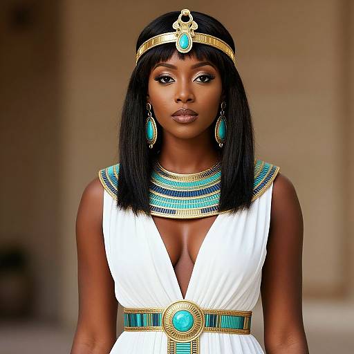 Elegant Woman in Egyptian Style Costume with Gold and Turquoise Jewelry