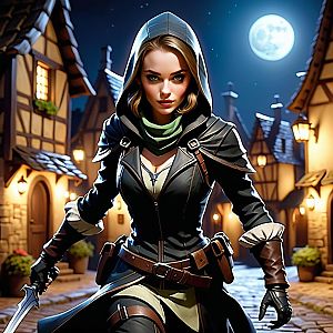 Medieval Rogue with Dagger in Moonlit Village
