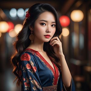 Elegant Woman in Floral Robe with Soft Lights