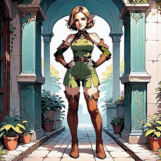 Fantasy Elf Woman in Green Tunic Standing in Garden Archway - Comic Style Artwork