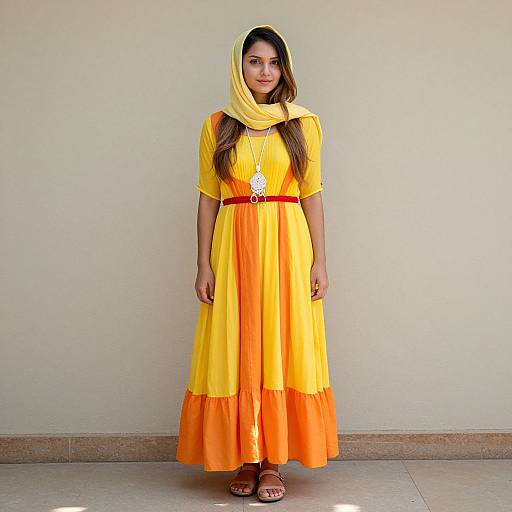 Young Woman Wearing Yellow Orange Traditional Dress with Headscarf