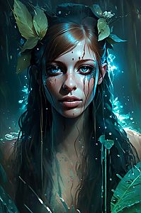 Mystical Woman with Blue Eyes in Lush Environment