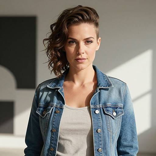 Confident Young Woman with Asymmetrical Hairstyle in Denim Jacket Portrait