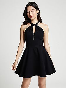 Modern Minimalist Black Halter Neck Sleeveless Skater Dress for Women