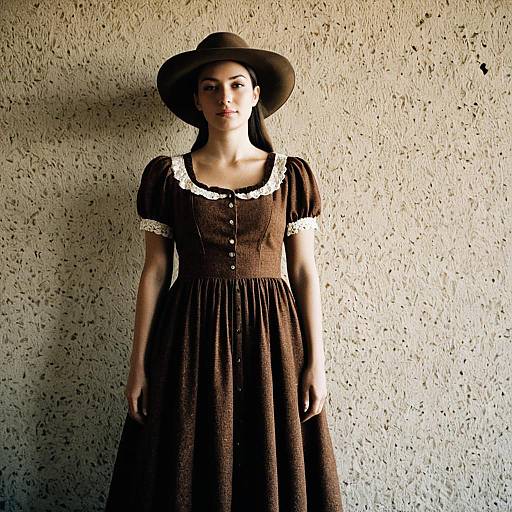 Woman in Single Western Brown Dress and Hat Standing by Textured Wall