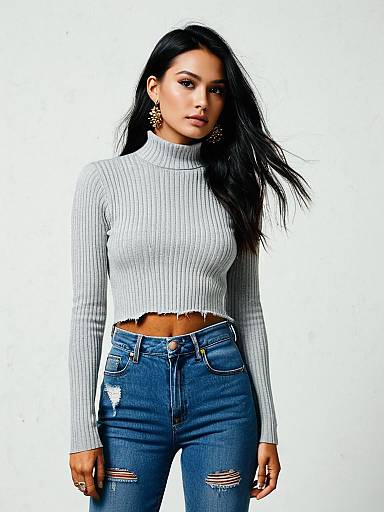 Casual Chic Woman in Light Grey Ribbed Knit Mock Turtleneck Sweater and Distressed Jeans