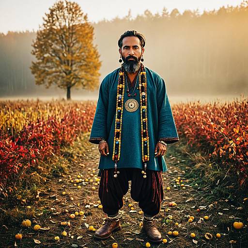 Bohemian Man in Traditional Clothing Standing in Autumn Field with Pumpkins