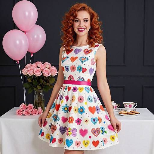 Woman in Colorful Heart and Flower Pattern Dress with Pink Balloons and Roses
