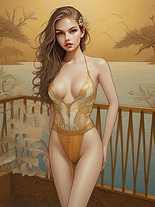 Woman in Golden Bodysuit Overlooking Serene Water Scene